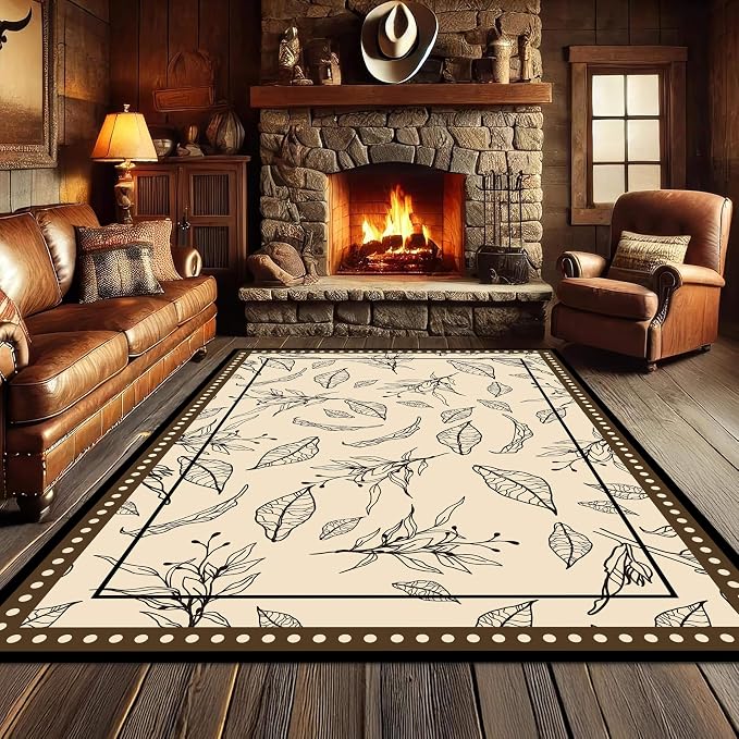 Medieval French Style Area Rugs 4x5ft, Off-White Botanical Leaf Pattern Rug - Image 2