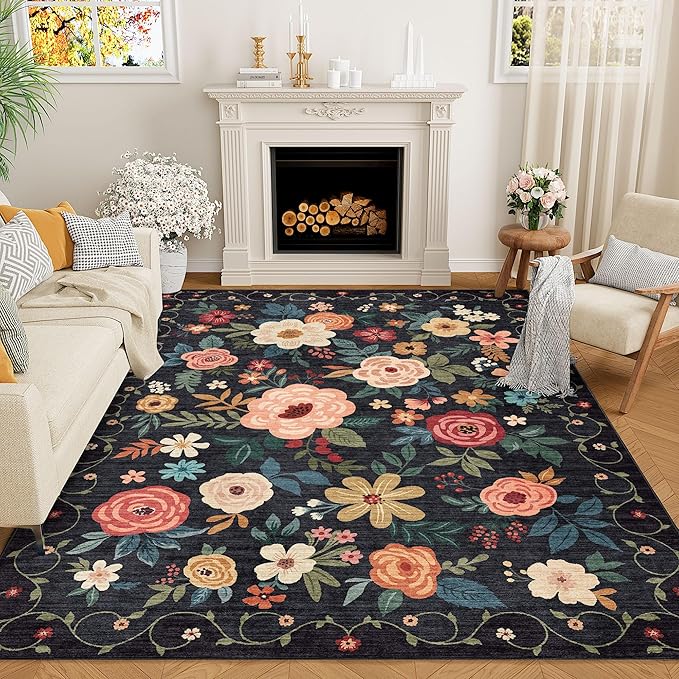 DUKINO 5x7 Area Rug, Floral Design, Lightweight Non Slip Washable, Indoor Low by DUKINO