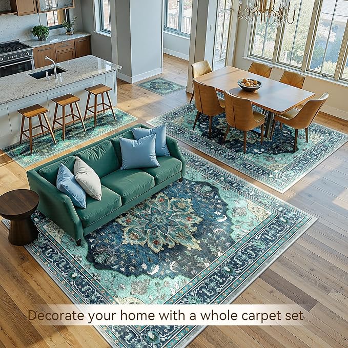 Area Rugs 10'x12' Washable Non-Slip, Floral Vintage Distress Print Pattern - Image 4