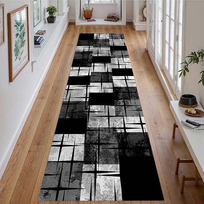 Distressed Checkered Runner Rugs, Washable Runner Rug - Image 3