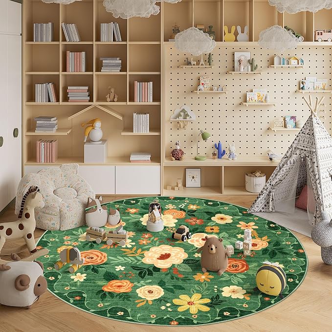 DUKINO Floral Round Rug, 6ft Washable Circle Rug, Non Slip Indoor Low Pile - Image 4