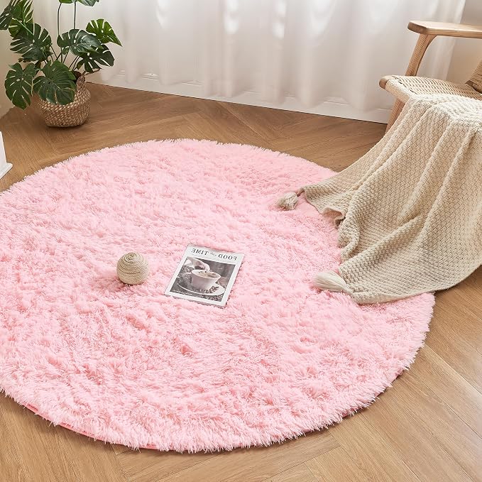 Andency Pink Round Area Rug for Bedroom, Shag Fuzzy Plush Circle Rug 7'X7' for - Image 7
