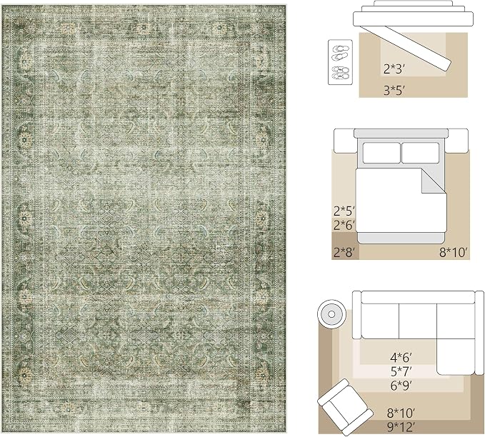 FMFUNCTEX 4x6 Washable Area Rug Green Neutral Vintage Distressed Non Slip Low - Image 2