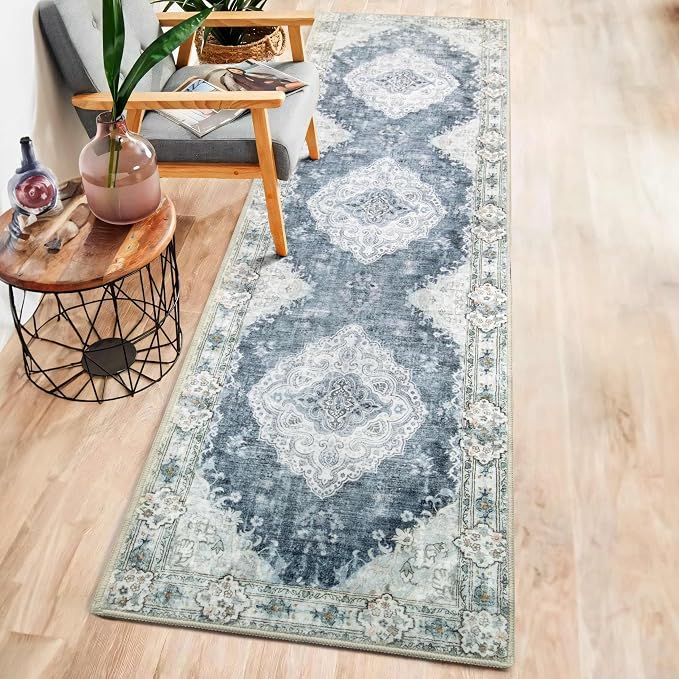 MUJOO Hallway Runner Rug 2'x8' Blue Grey Long Rug Runners Boho Machine Washable - Image 2