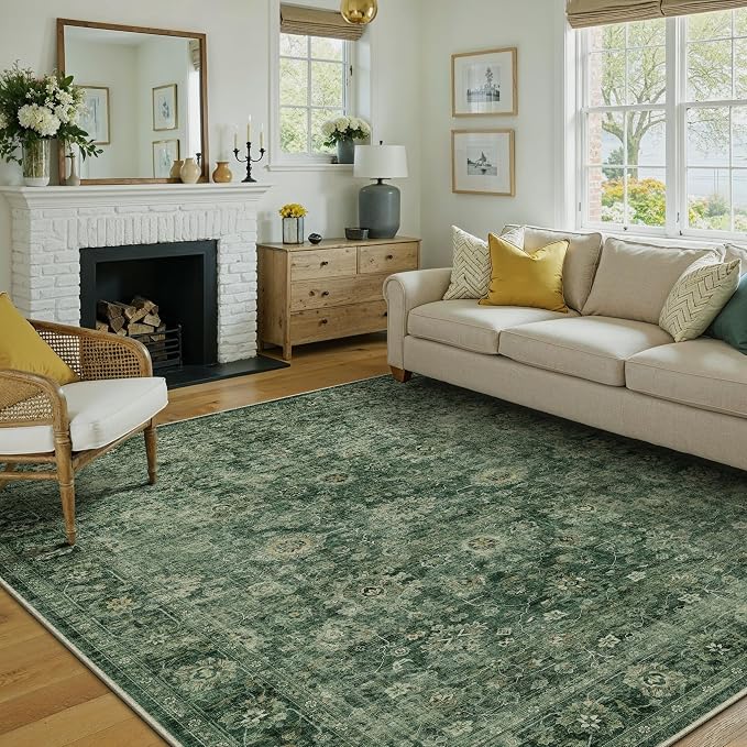 6x9 Washable Area Rug for Living Room Bedroom Green Vintage Distressed Rustic - Image 4