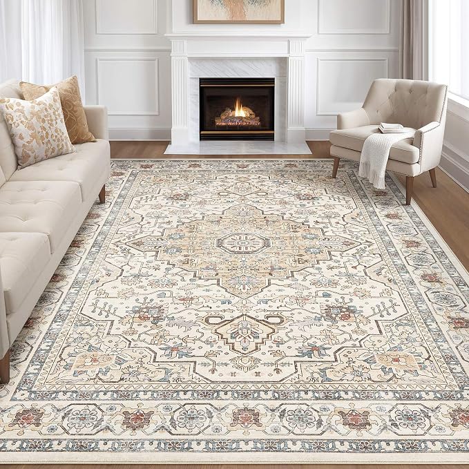 10x12 Area Rug Living Room: Washable Boho Large Neutral Vintage Soft Rugs Stain by LOONGRUG