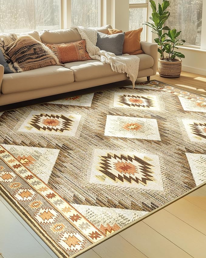 Area Rug 6x8 Rug Machine Washable Non-Slip Low Pile Print Pattern Western Rug by BESTSWEETIE