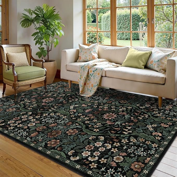 5×7 Black Washable Floral Area Rug, Vintage Boho Soft Low-Pile Living Room Rugs - Image 3
