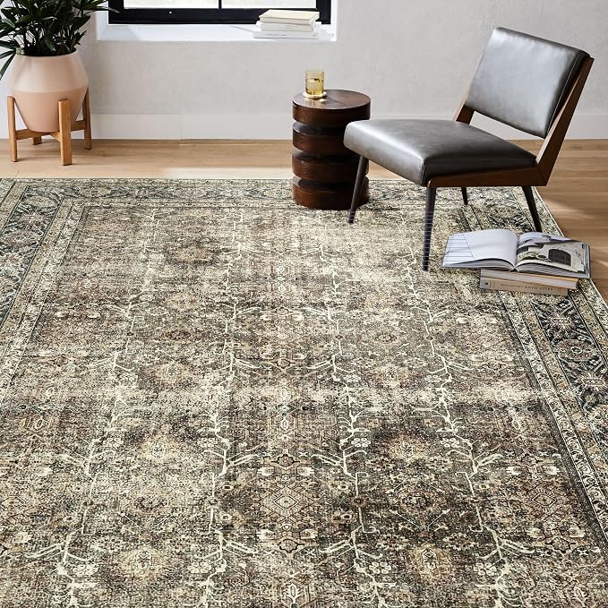 Vintage Area Rug 4x5 Brown Entryway Office Washable Carpet Non Slip Bedroom - Image 5