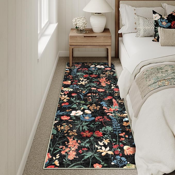 Floral Runner Rug 2x5 Washable Hallway Long Black Bedroom Carpet Non Slip - Image 6