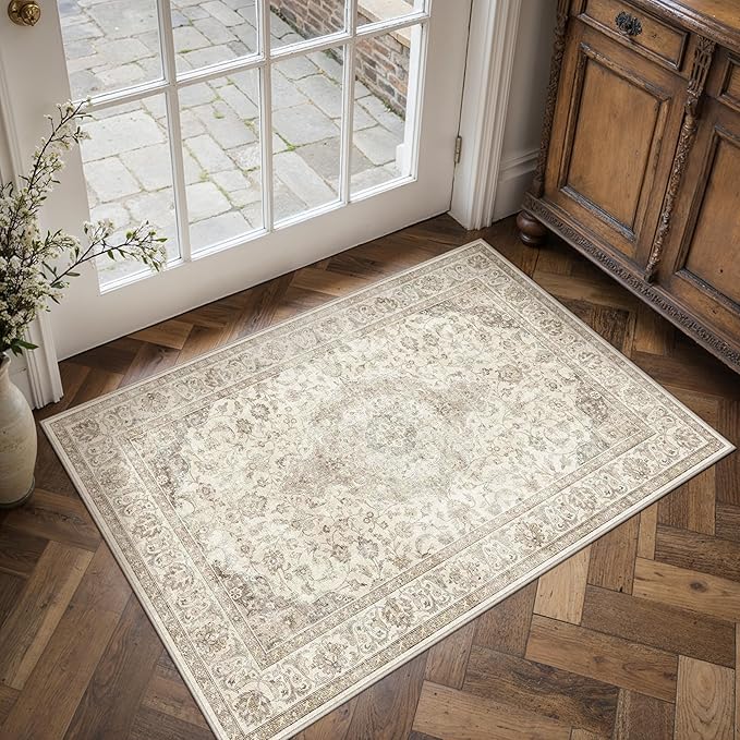 HUGEAR 2x3 Entrance Area Rug Vintage Brown Small Rug Machine Washable Door Mat by HUGEAR
