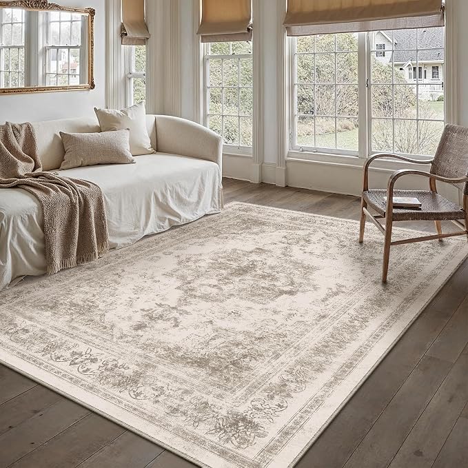 Area Rug 4x6 Beige Washable Office Entryway Vintage Medallion Carpet Non Slip by PureCozy