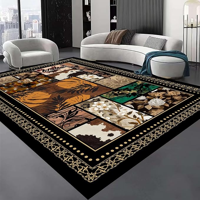 Floral Tropical Patchwork Area Rug 2x3ft, Vintage Black & Brown Country Carpet by Unknown