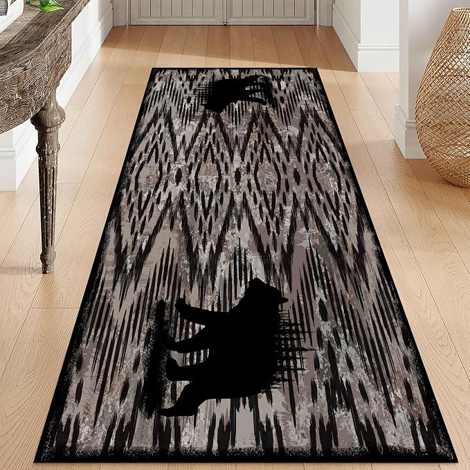 Rustic Cabin Runner Rug, Vintage Lodge Wood Grain Wild Animal Black Bear Print by Unknown