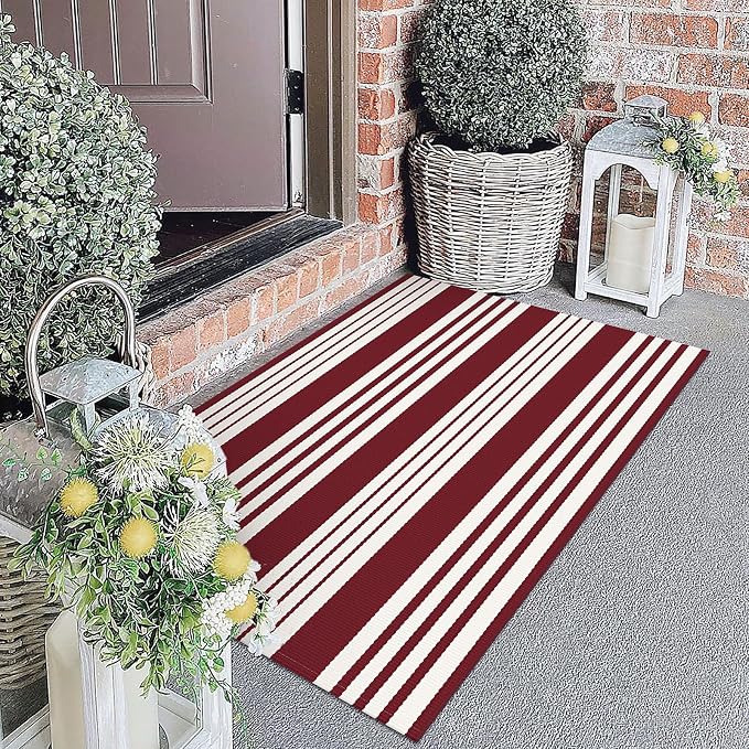 KOZYFLY Striped Outdoor Rug Red and White 27.5x43 Inches Front Door Rug by KOZYFLY