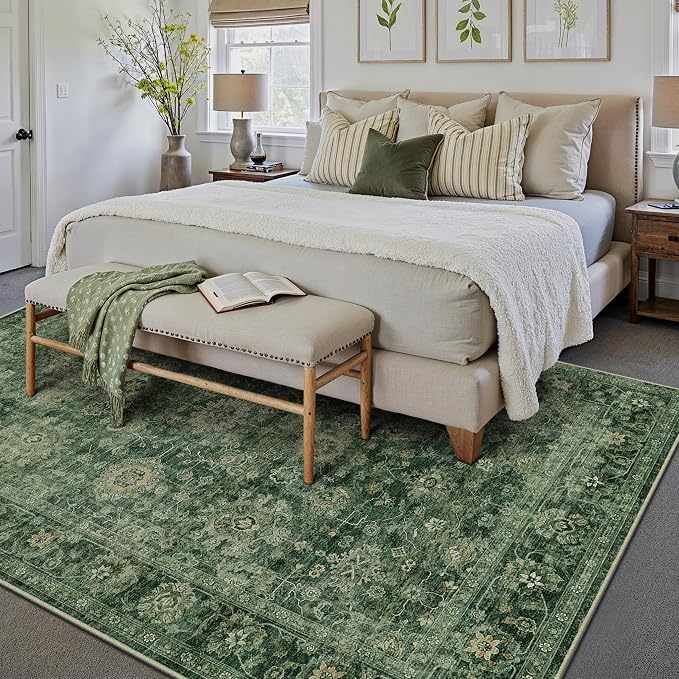 6x9 Washable Area Rug for Living Room Bedroom Green Vintage Distressed Rustic - Image 3