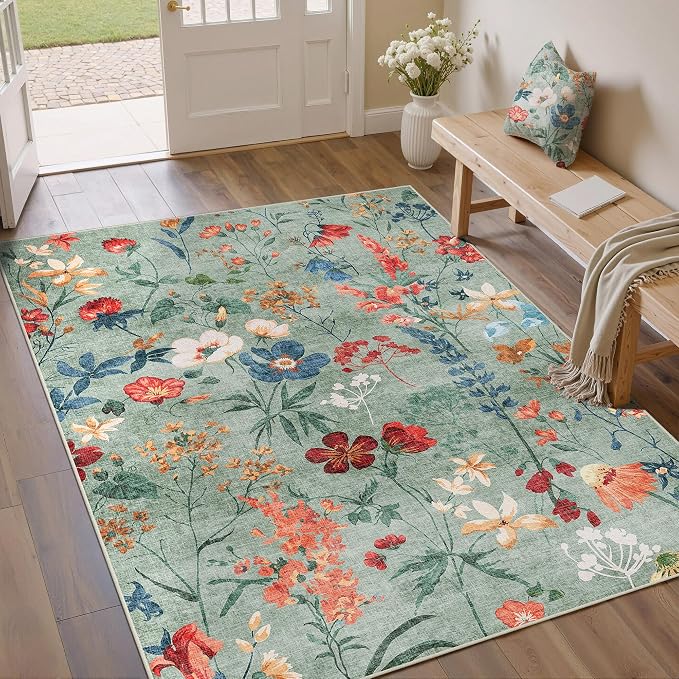 Green Area Rug 3x5 Office Floral Boho Door Mat Indoor Washable Kitchen Carpet - Image 6
