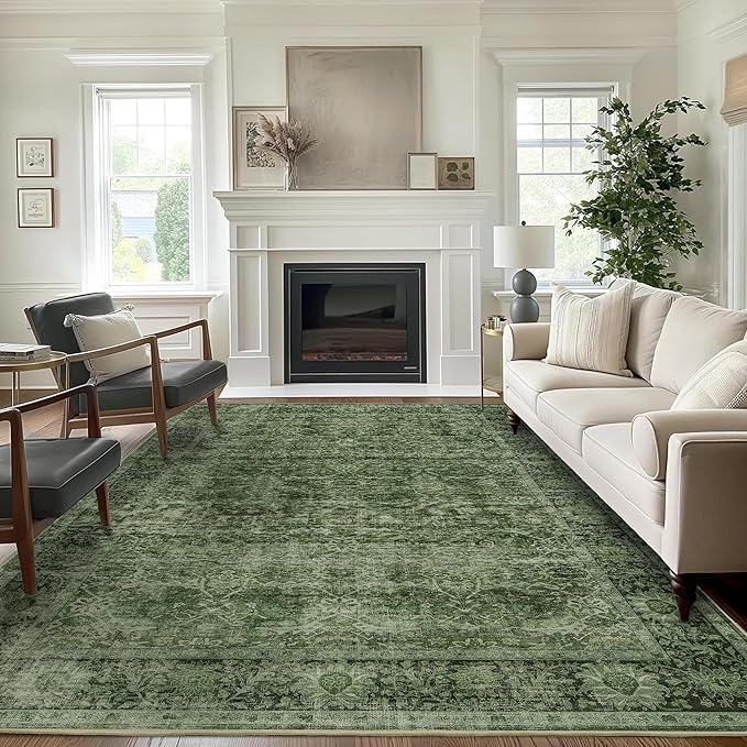 6x9 Green Washable Rug for Living Room Large Vintage Distressed Bedroom Rug Low by Zeeinx