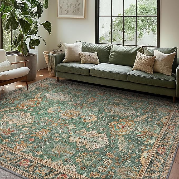 Bavni Washable Area Rugs 8x10 Green Boho Rug Tumble Vintage Large Carpet by BAVNI