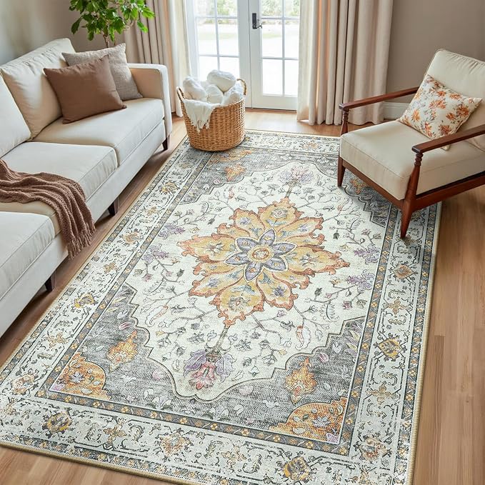 Area Rugs 5'x8' Washable Non-Slip, Floral Vintage Distress Print Pattern by RELEANY