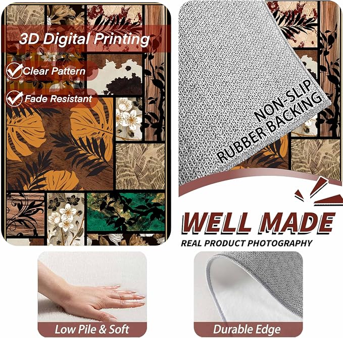Floral Tropical Patchwork Area Rug 3x4ft, Vintage Black & Brown Country Carpet - Image 5