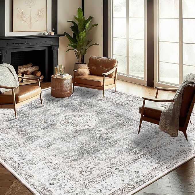 Washable Area Rug 9'x12' Retro Boho Design Non-Shedding Easy Care Ideal by CHAMPLANT
