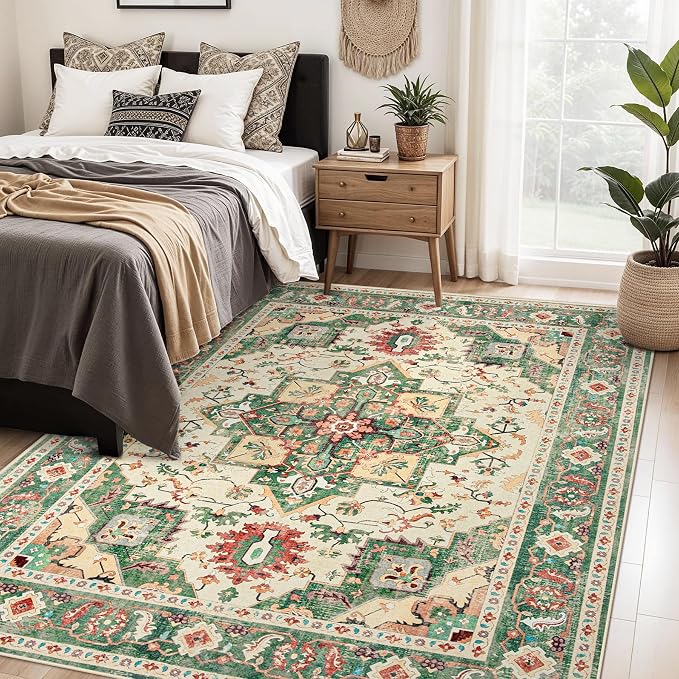 Area Rug 5x7 Washable Rug, Vintage Boho Medallion Rugs Non-Slip Soft Low Pile - Image 2