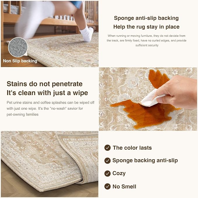 HUGEAR Entryway Machine Washable Area Rugs 2x3 Vintage Beige Brown Small - Image 6