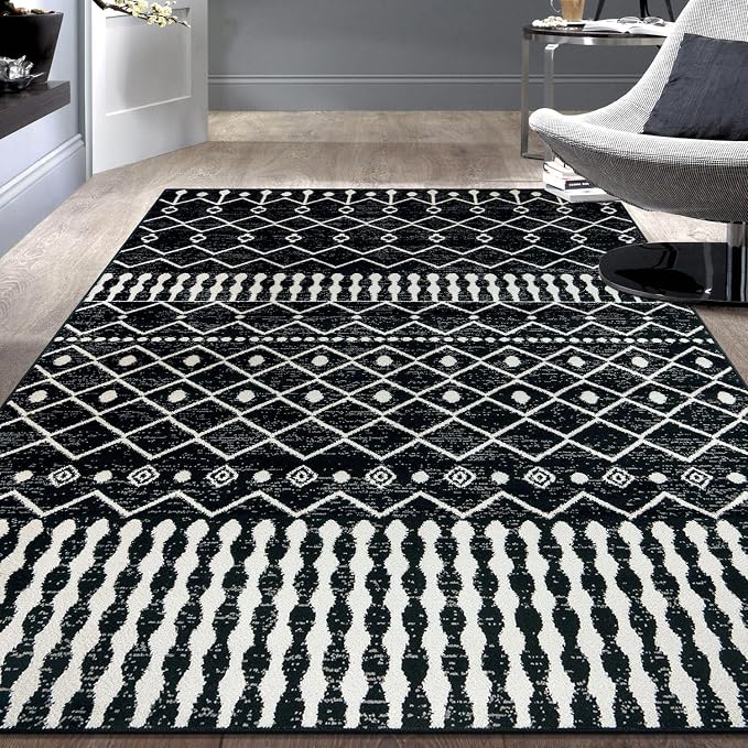 Rugshop Boho Black and White Tribal Area Rug – Geometric Diamond and Stripe by Rugshop