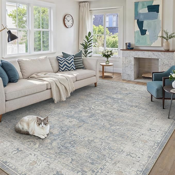 9x12 Blue Area Rug for Living Room Bedroom Neutral Soft Non Slip Rug Low Pile - Image 4