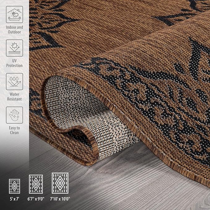 CAMILSON Outdoor Rug, 9x12 Medallion Nut Brown Black Modern Area Rugs - Image 6