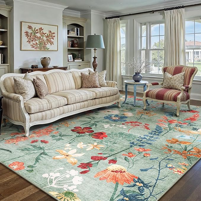 Green Area Rug 6x9 Floral Washable Living Room Kitchen Boho Carpet Non Slip Low by PureCozy