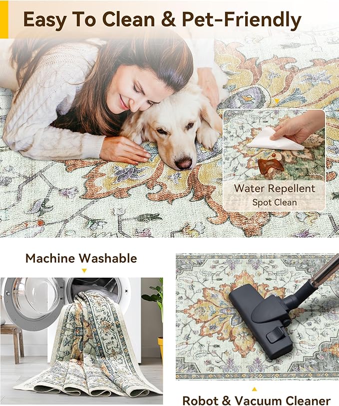 Area Rugs 2'6''x14' Washable Non-Slip, Floral Vintage Distress Print Pattern - Image 3