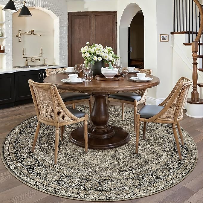 Brown Round Area Rug 6ft Washable 6x6 Circle Vintage Low Pile Indoor Large - Image 2