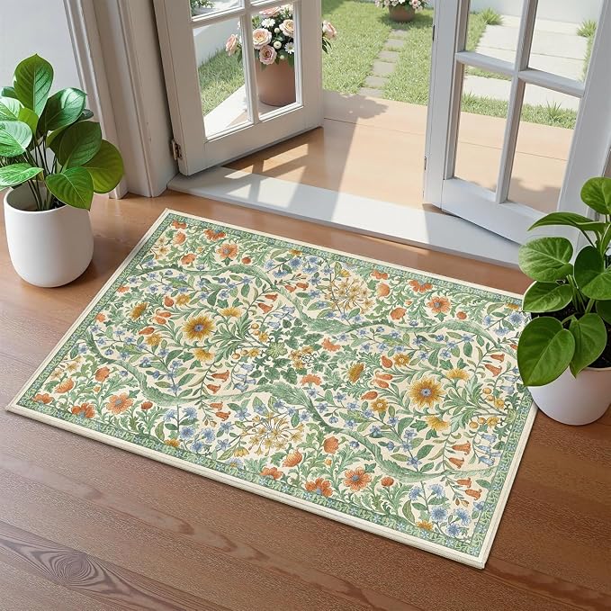 Floral 2x3 Entryway Rug, Washable Front Door Mat Indoor Non Slip Low Pile Small by NakedCloud