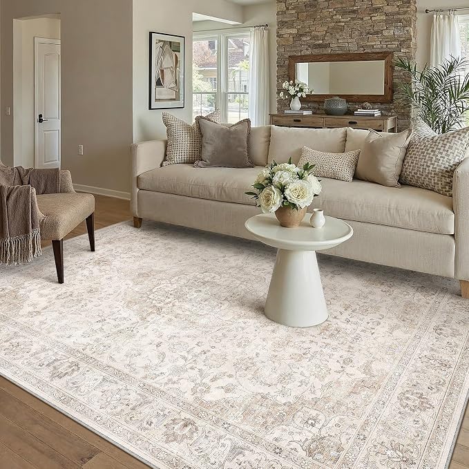 HUGEAR Area Rug 5x7 Vintage Beige Machine Washable Living Room Rugs Thin by HUGEAR