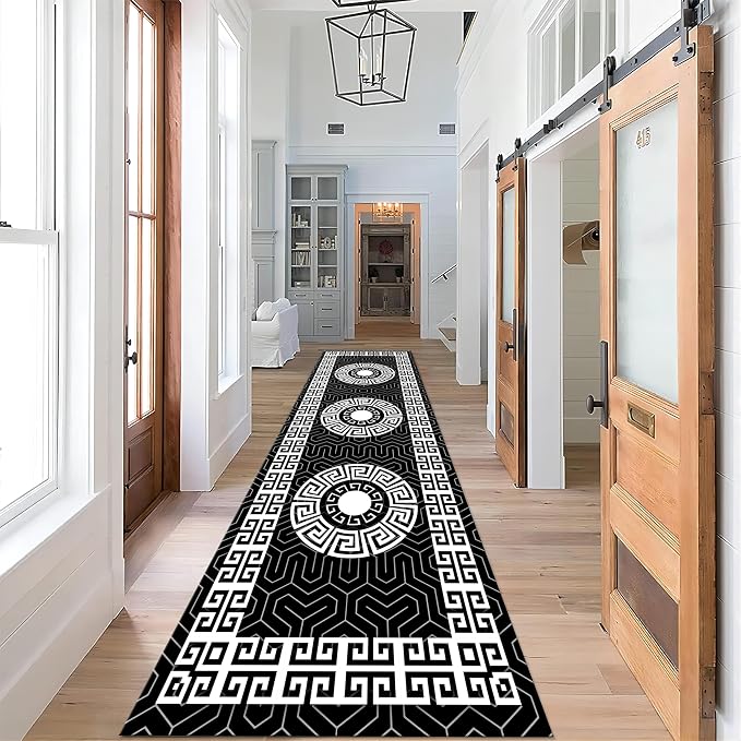 Modern Black White Geometric Kitchen Rug, Greek Key Meander Design Entrance Rugs - Image 2