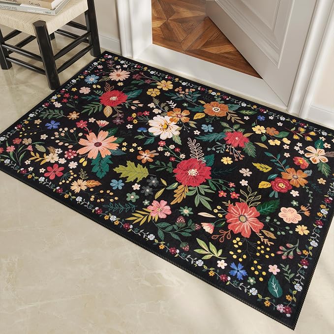 3x5 Area Rug, Floral Black Washable Rug - Image 2