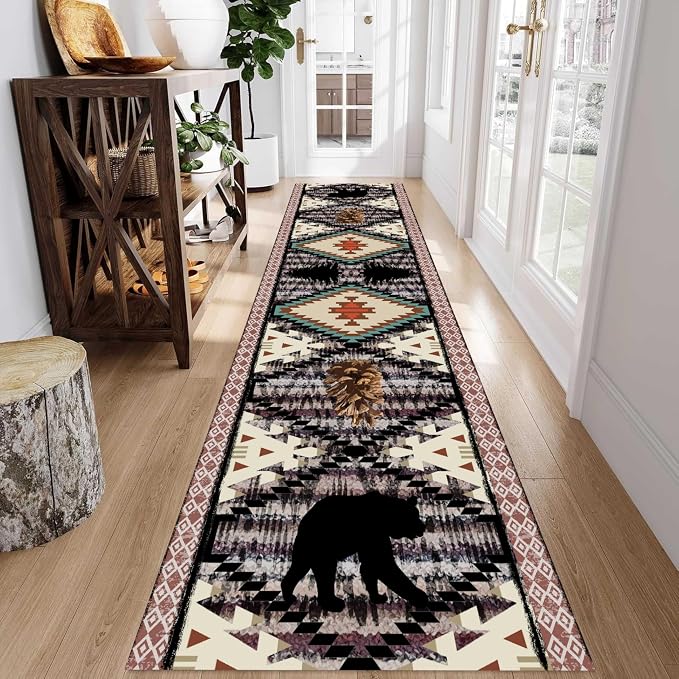 Wild Animal Runner, Bohemian Southwestern Country Hallway Rug, Bear Pine Cone - Image 3