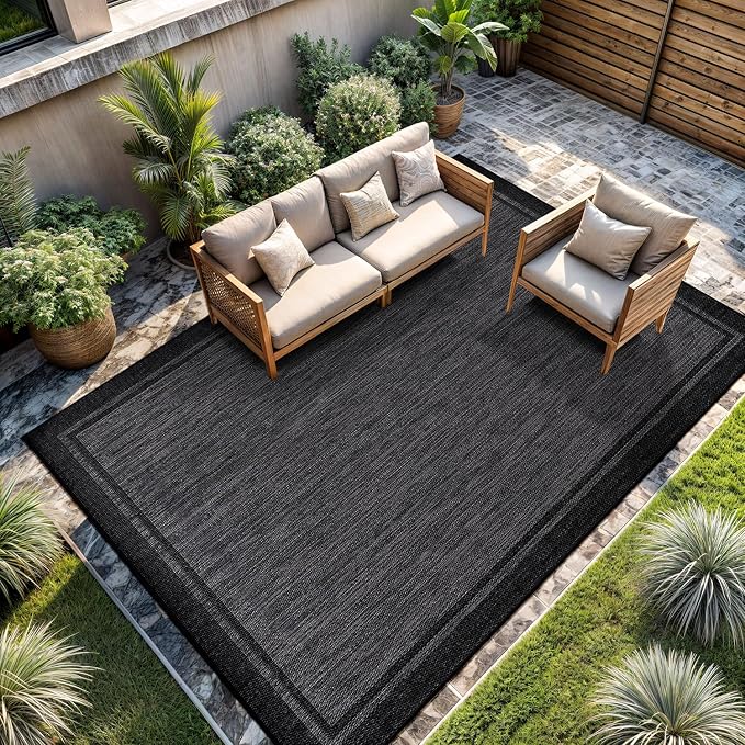 CAMILSON Indoor Outdoor Rug, 8x10 Bordered Dark Gray Black Modern Area Rugs - Image 8