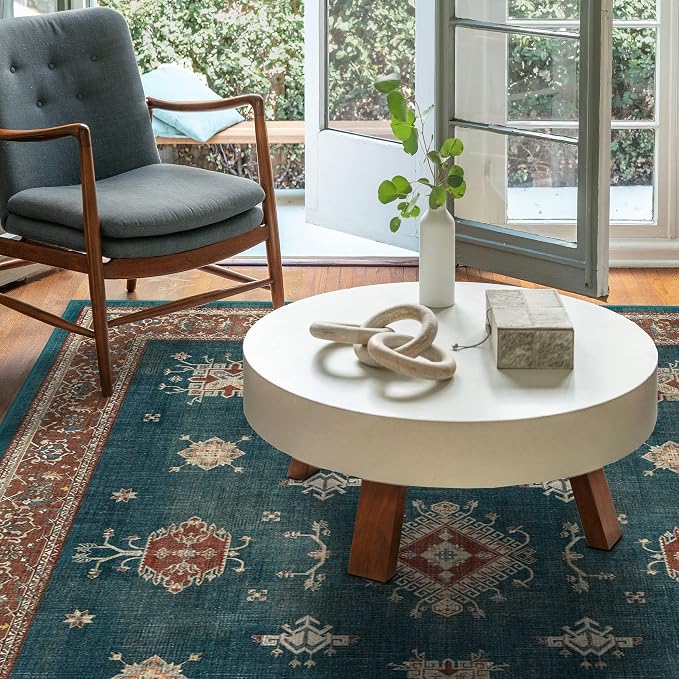 RUGGABLE Washable Vintage Area Rug – Verena Teal Blue 5x7, Stain-Resistant - Image 2