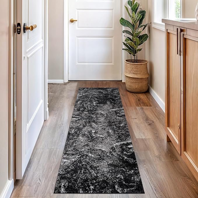 Rugshop Abstract Marble Shag Runner Rug Anthracite Dark Gray 2' 3" x 8' Perfect by Rugshop