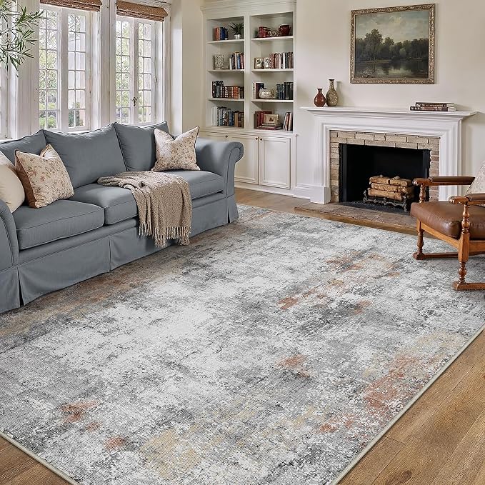 10x12 Washable Area Rug Grey Rust Abstract Living Room Bedroom Carpet Neutral - Image 5