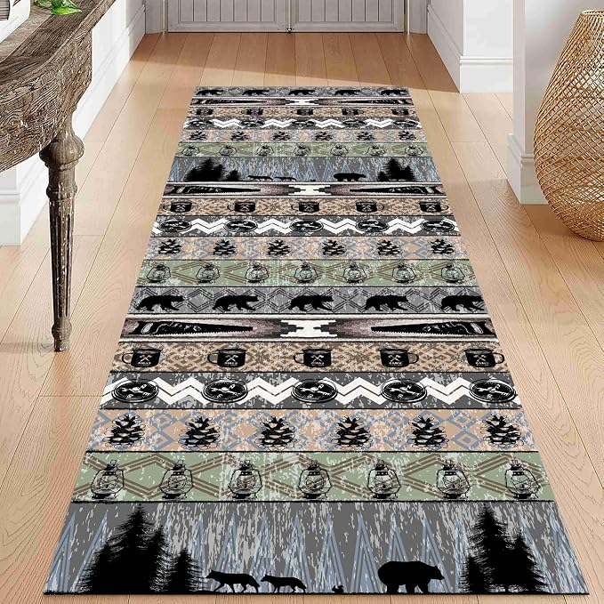 Bear Rug for Runner Rug, Rustic Black Bear Wood Saw Compass Pine Oil Lamp by Unknown