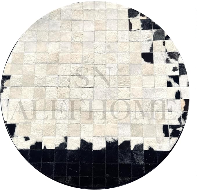 Round Geometric Patchwork Cowhide Leather Area Rug – Washable Non-Slip Modern - Image 2