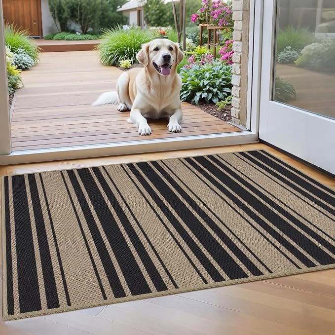 Striped Easy Jute Entryway Rug 2x3 Indoor Outdoor Front Door Mat Washable Non by Zeeinx