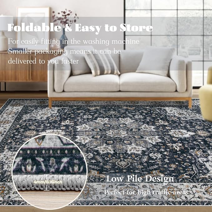 Area Rug 5x7 Washable Rug, Vintage Boho Medallion Rugs Non-Slip Soft Low Pile - Image 6