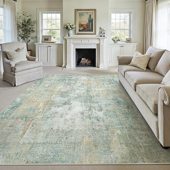 10x14 Area Rug Teal Beige Abstract Living Room Bedroom Washable Carpet Neutral by WondRg