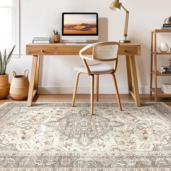6x8 Area Rug Living Room: Washable Boho Large Neutral Vintage Soft Rugs Stain - Image 7