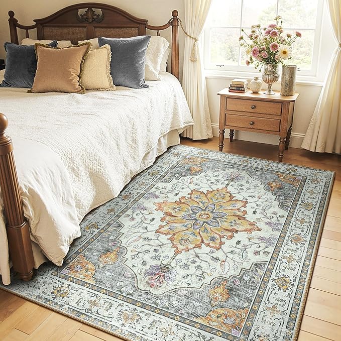 Area Rugs 5'x7' Washable Non-Slip, Floral Vintage Distress Print Pattern - Image 2